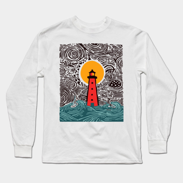 Stormy Night Lighthouse - Expressionist Ocean Art Long Sleeve T-Shirt by TuncGK