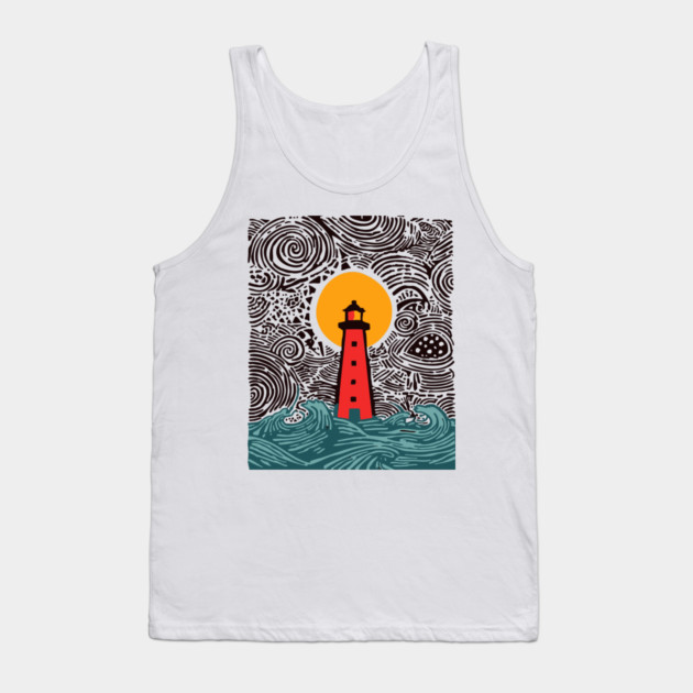 Stormy Night Lighthouse - Expressionist Ocean Art Tank Top by TuncGK