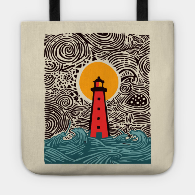 Stormy Night Lighthouse - Expressionist Ocean Art Tote by TuncGK