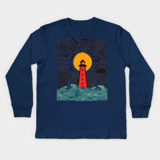 Stormy Night Lighthouse - Expressionist Ocean Art Kids Long Sleeve T-Shirt