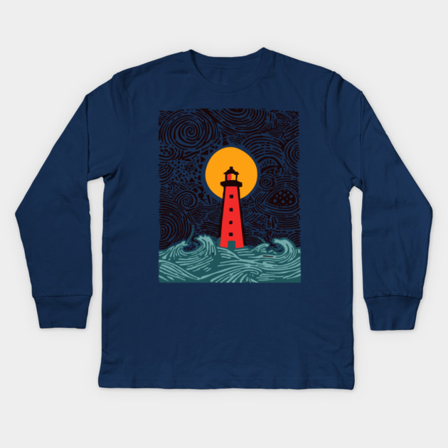Stormy Night Lighthouse - Expressionist Ocean Art Kids Long Sleeve T-Shirt by TuncGK