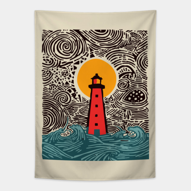 Stormy Night Lighthouse - Expressionist Ocean Art Tapestry by TuncGK