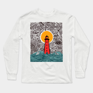 Stormy Night Lighthouse - Expressionist Ocean Art Long Sleeve T-Shirt