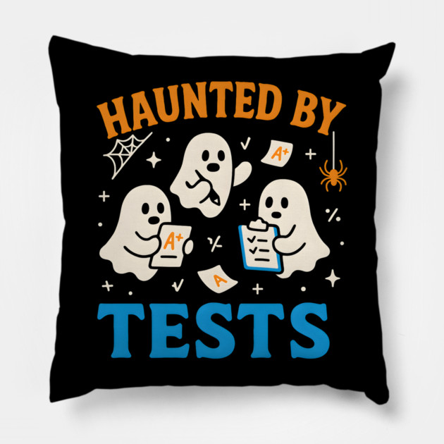 Haunted by Tests Funny Ghost Student Halloween Exam Graphic Pillow by MakerMind8.2