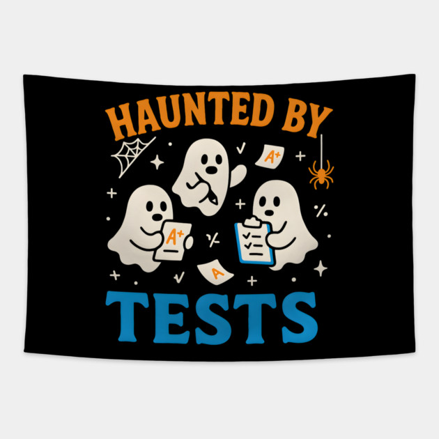 Haunted by Tests Funny Ghost Student Halloween Exam Graphic Tapestry by MakerMind8.2