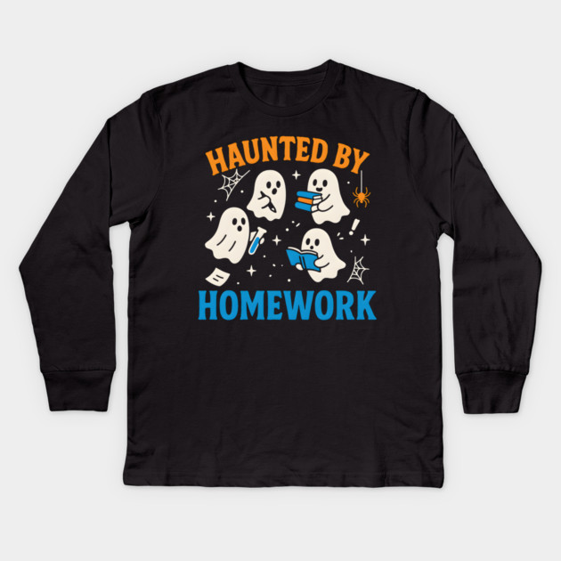 Haunted by Homework Funny Ghost Student Halloween Graphic Kids Long Sleeve T-Shirt by MakerMind8.2