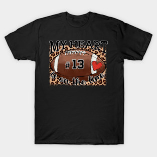 Jersey Number 13 Football Mom My Heart On The Line Leopard T-Shirt