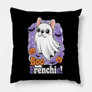 French Bulldog Halloween T-Shirt | Cute Frenchie Ghost “Boo Frenchie!” Graphic Tee | Funny Dog Lover Halloween Costume Shirt for Dog Moms, Dads & French Bulldog Fans Pillow