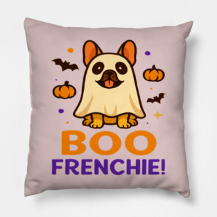 French Bulldog Halloween T-Shirt | Cute Ghost Frenchie “Boo Frenchie” Graphic Tee | Funny Dog Lover Spooky Season Shirt for Dog Moms, Dads & Halloween Costume Fans Pillow