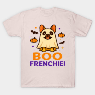 French Bulldog Halloween T-Shirt | Cute Ghost Frenchie “Boo Frenchie” Graphic Tee | Funny Dog Lover Spooky Season Shirt for Dog Moms, Dads & Halloween Costume Fans T-Shirt