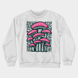 Psychedelic Mushroom Forest - Trippy Fungi Linocut Crewneck Sweatshirt