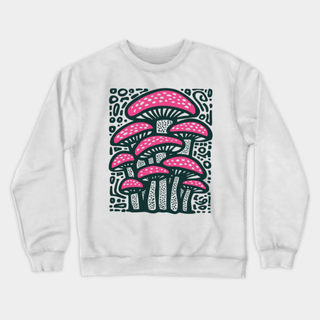 Psychedelic Mushroom Forest - Trippy Fungi Linocut Crewneck Sweatshirt by TuncGK