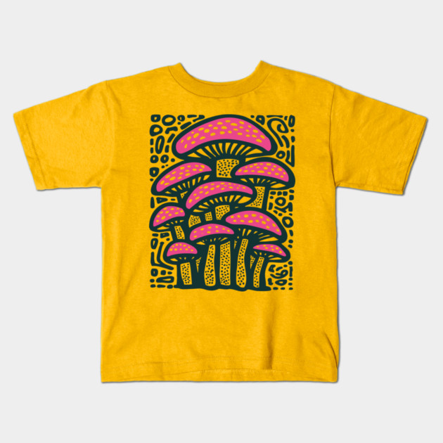 Psychedelic Mushroom Forest - Trippy Fungi Linocut Kids T-Shirt by TuncGK