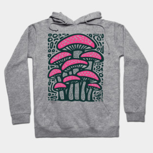 Psychedelic Mushroom Forest - Trippy Fungi Linocut Hoodie