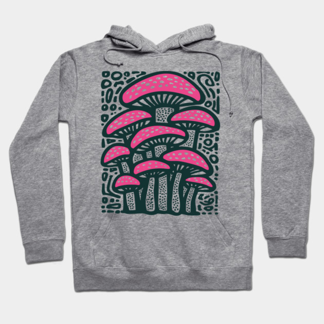 Psychedelic Mushroom Forest - Trippy Fungi Linocut Hoodie by TuncGK
