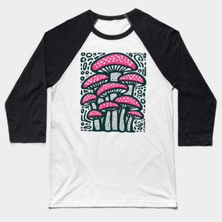 Psychedelic Mushroom Forest - Trippy Fungi Linocut Baseball T-Shirt