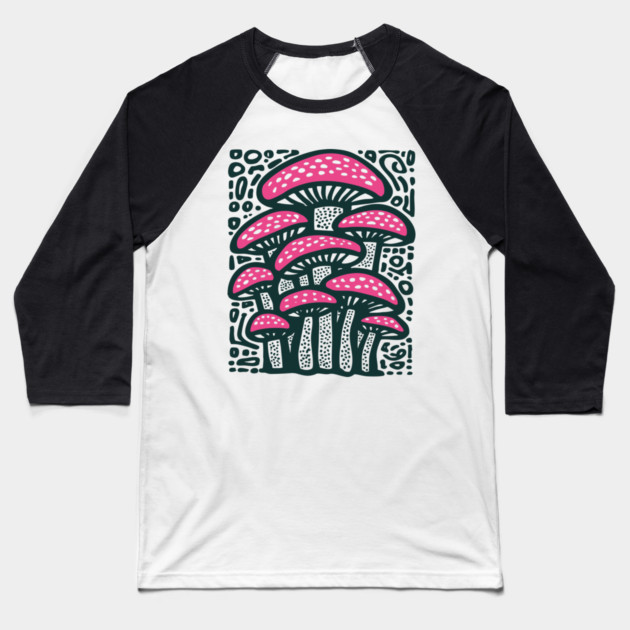 Psychedelic Mushroom Forest - Trippy Fungi Linocut Baseball T-Shirt by TuncGK