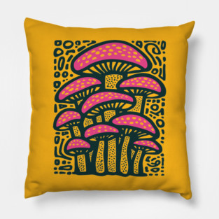 Psychedelic Mushroom Forest - Trippy Fungi Linocut Pillow
