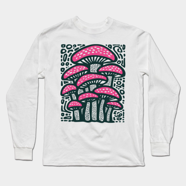 Psychedelic Mushroom Forest - Trippy Fungi Linocut Long Sleeve T-Shirt by TuncGK