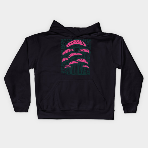 Psychedelic Mushroom Forest - Trippy Fungi Linocut Kids Hoodie by TuncGK