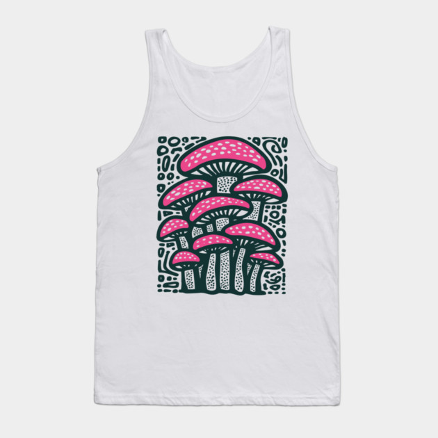 Psychedelic Mushroom Forest - Trippy Fungi Linocut Tank Top by TuncGK