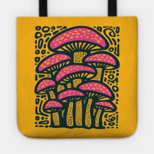 Psychedelic Mushroom Forest - Trippy Fungi Linocut Tote