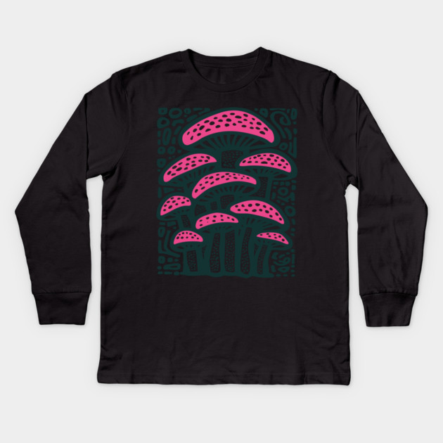 Psychedelic Mushroom Forest - Trippy Fungi Linocut Kids Long Sleeve T-Shirt by TuncGK