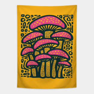 Psychedelic Mushroom Forest - Trippy Fungi Linocut Tapestry
