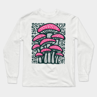 Psychedelic Mushroom Forest - Trippy Fungi Linocut Long Sleeve T-Shirt