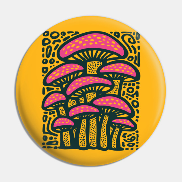 Psychedelic Mushroom Forest - Trippy Fungi Linocut Pin by TuncGK