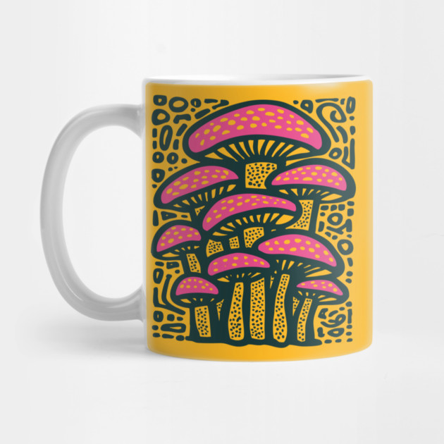 Psychedelic Mushroom Forest - Trippy Fungi Linocut by TuncGK