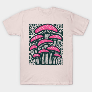 Psychedelic Mushroom Forest - Trippy Fungi Linocut T-Shirt