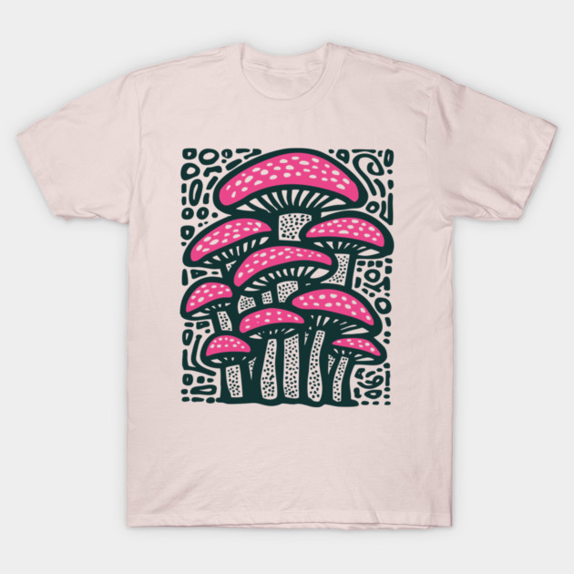 Psychedelic Mushroom Forest - Trippy Fungi Linocut T-Shirt by TuncGK
