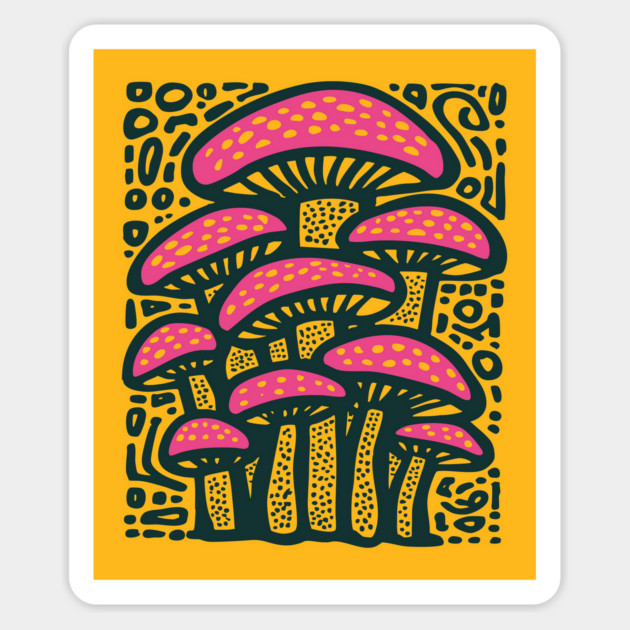 Psychedelic Mushroom Forest - Trippy Fungi Linocut Magnet by TuncGK