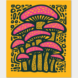 Psychedelic Mushroom Forest - Trippy Fungi Linocut Posters and Art