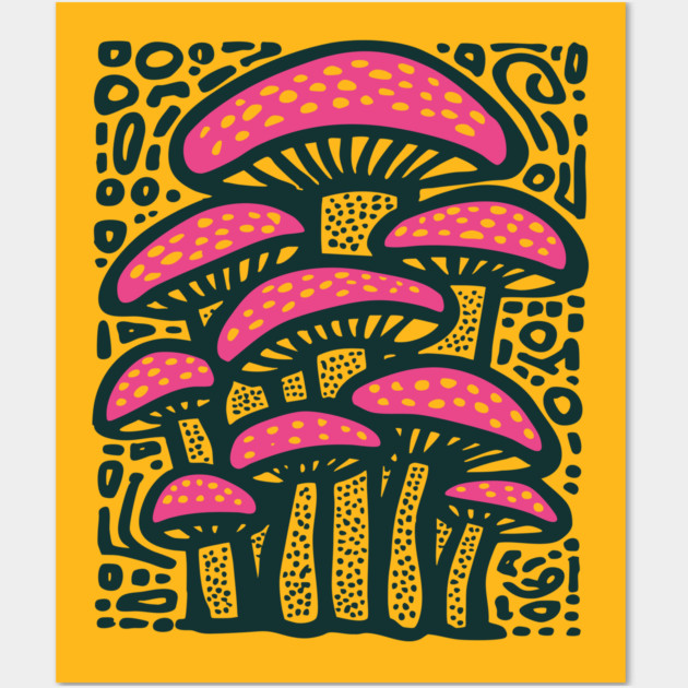 Psychedelic Mushroom Forest - Trippy Fungi Linocut Wall Art by TuncGK