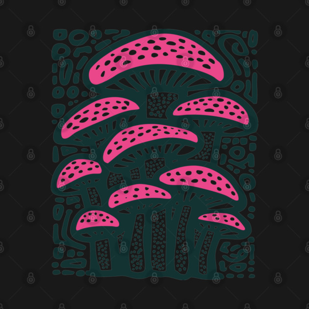 Psychedelic Mushroom Forest - Trippy Fungi Linocut by TuncGK