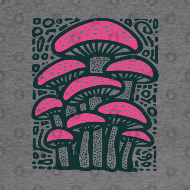 Psychedelic Mushroom Forest - Trippy Fungi Linocut by TuncGK