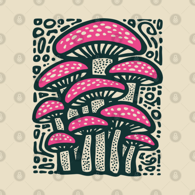 Psychedelic Mushroom Forest - Trippy Fungi Linocut by TuncGK