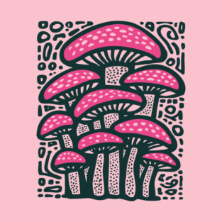Psychedelic Mushroom Forest - Trippy Fungi Linocut T-Shirt
