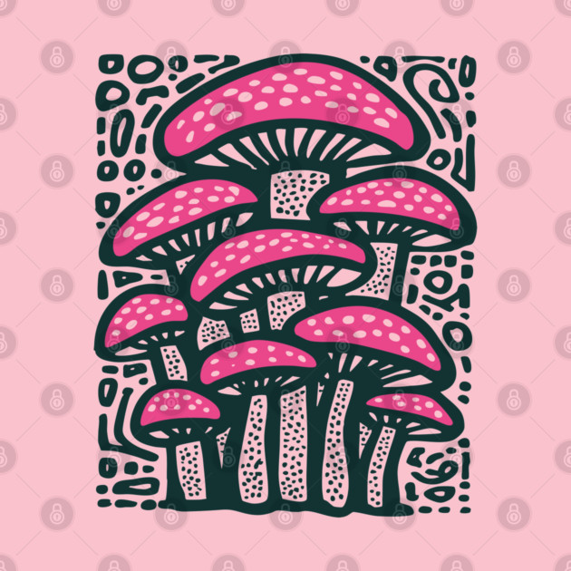 Psychedelic Mushroom Forest - Trippy Fungi Linocut by TuncGK