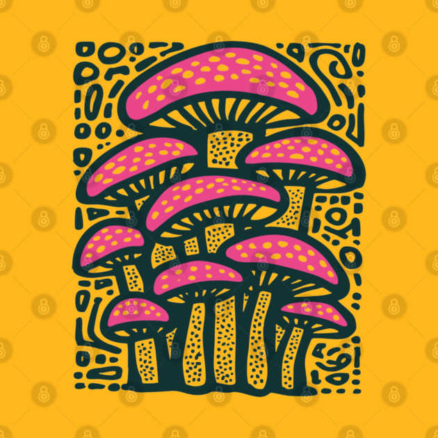 Psychedelic Mushroom Forest - Trippy Fungi Linocut by TuncGK