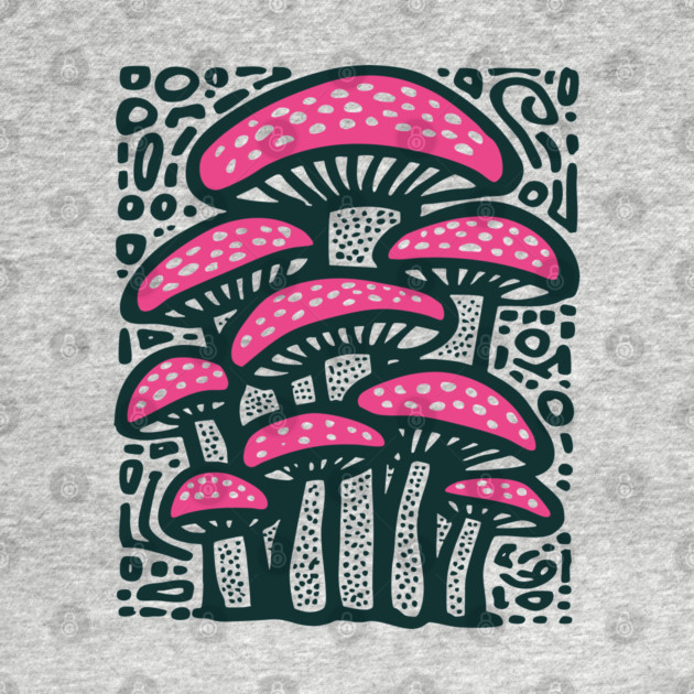 Psychedelic Mushroom Forest - Trippy Fungi Linocut by TuncGK