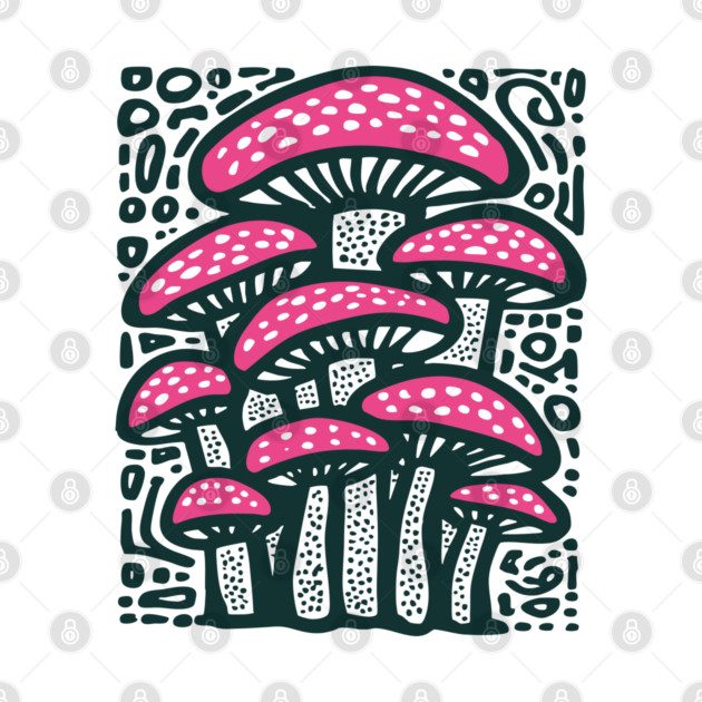 Psychedelic Mushroom Forest - Trippy Fungi Linocut by TuncGK