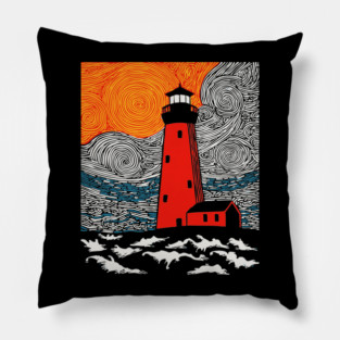 Lighthouse at Sunrise - Coastal Snow Scene Pillow