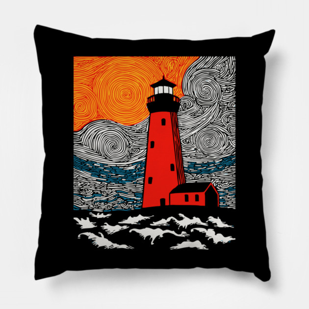 Lighthouse at Sunrise - Coastal Snow Scene Pillow by TuncGK
