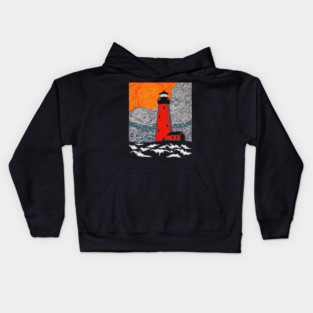 Lighthouse at Sunrise - Coastal Snow Scene Kids Hoodie