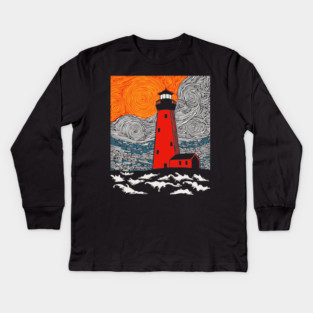 Lighthouse at Sunrise - Coastal Snow Scene Kids Long Sleeve T-Shirt
