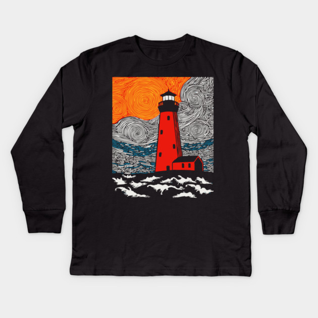 Lighthouse at Sunrise - Coastal Snow Scene Kids Long Sleeve T-Shirt by TuncGK