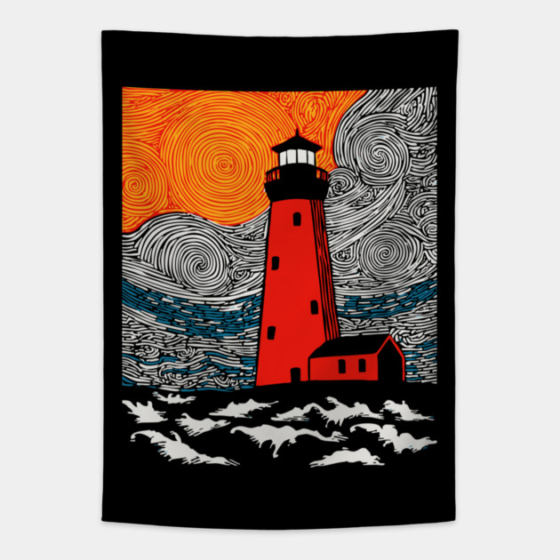 Lighthouse at Sunrise - Coastal Snow Scene Tapestry by TuncGK